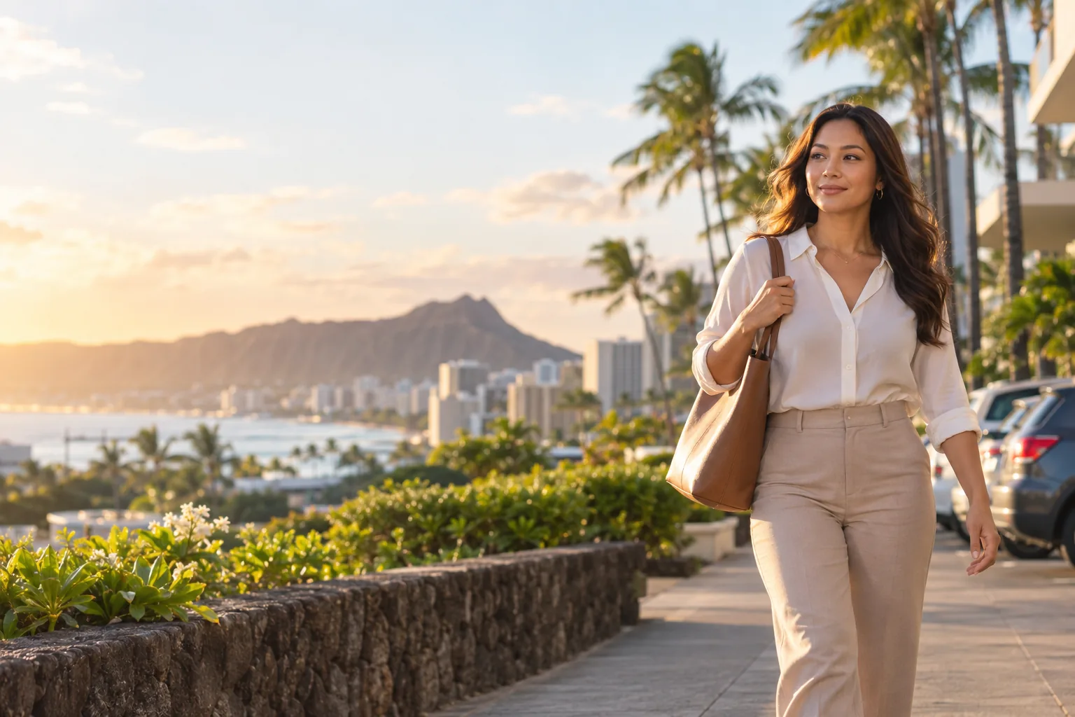 A Honolulu local walking confidently at golden hour